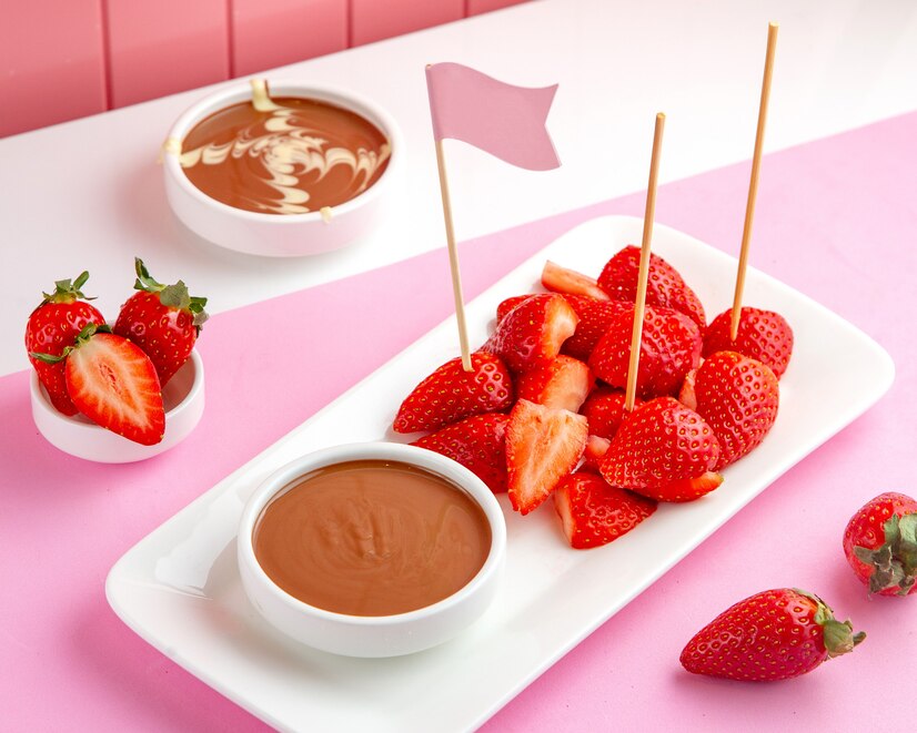 Strawberry, marshmallow and brownie skewers with chocolate dipping sauce